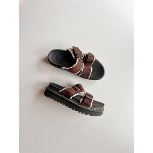 DR MARTENS Myles Brown Suede Shearling Fur Lined Platform Slide Sandals, Size 7